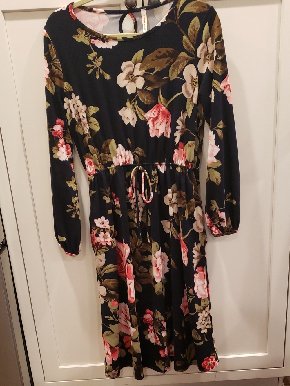 orange creek Black Floral Long-Sleeve Drawstring Waist Dress with Pink Blooms